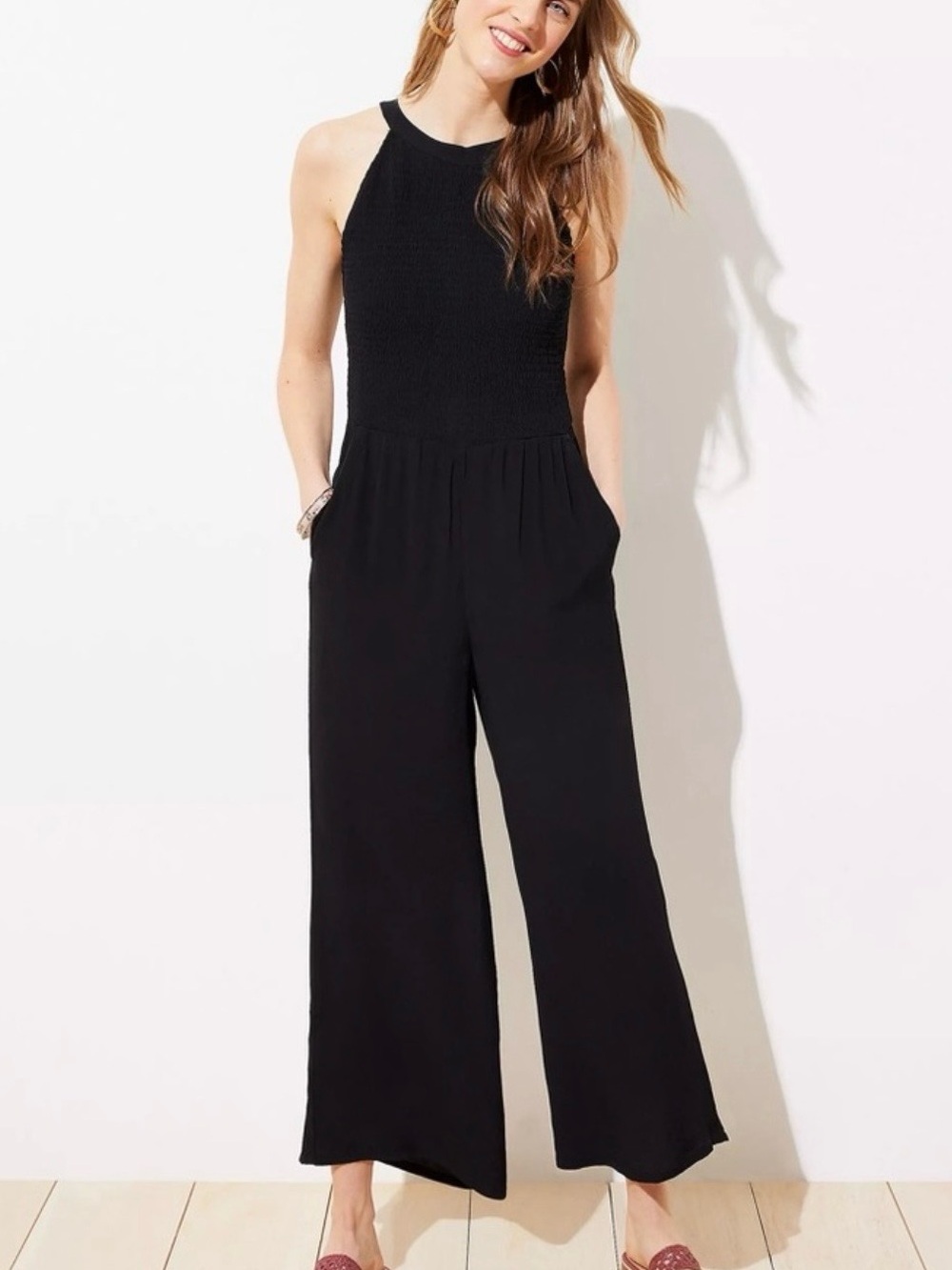 LOFT Black Smocked Wide Leg Halter Top Jumpsuit NWT Size 10